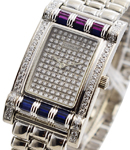 White Gold Rectangle with Pave Diamond Case and Dial on Bracelet - with Rubby and Saphire Bezel