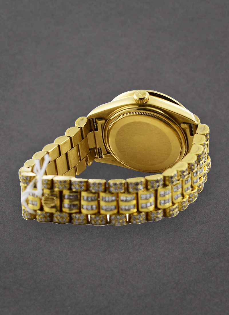 spr used baguette diamond Rolex President 36mm Yellow Gold with Custom Added Diamonds Essential Watches