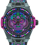 Big Bang One Click Calavera Catrina in Black Ceramic with Saphhire Bezel on Black Calf Leather with Multicolour Line Strap with Black Mexican skull Dial