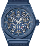 Defy Classic 41mm in Blue Ceramic On Black Rubber Strap with Blue Skeleton Dial