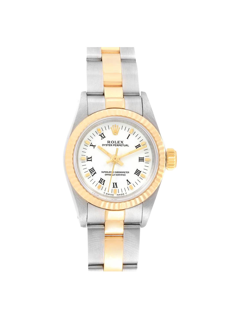 Pre-Owned Rolex Oyster Perpetual No Date in Steel with Yellow Gold Fluted Bezel