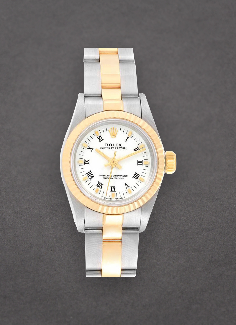 Pre-Owned Rolex Oyster Perpetual No Date in Steel with Yellow Gold Fluted Bezel