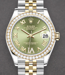 Mid Size 31mm Datejust in Steel with Yellow Gold Diamond Bezel on Jubilee Bracelet with Green Roman Large VI Diamond Dial