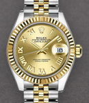 Datejust Ladies 28mm in Steel with Yellow Gold Fluted Bezel on Jubilee Bracelet with Champagne Roman Dial