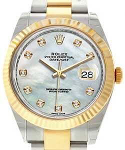 Datejust 41mm in Steel with Yellow Gold Fluted Bezel     on Oyster Bracelet with MOP Diamond Dial