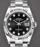 Datejust 36mm in Steel and White Gold Fluted Bezel on Bracelet with Black Diamond Dial