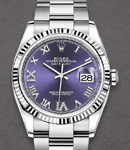 Datejust 36mm in Steel and White Gold Fluted Bezel on Bracelet with Purple Roman Dial - Diamonds on 6 & 9
