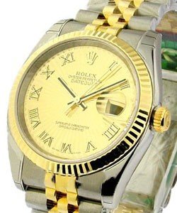 Datejust 36mm in Steel with Yellow Gold Fluted Bezel on Jubilee Bracelet with Champagne Sunbeam Roman Dial