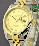 Datejust 36mm in Steel with Yellow Gold Fluted Bezel on Jubilee Bracelet with Champagne Sunbeam Roman Dial