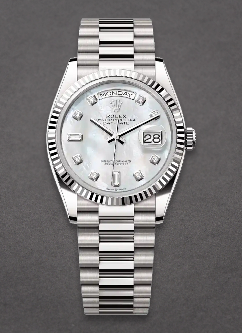 Rolex Unworn President Day-Date 36mm in White Gold with Fluted Bezel