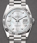 President Day-Date 36mm in White Gold with Fluted Bezel on President Bracelet with White MOP Diamond Dial