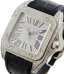 Santos 100 Large Size with Custom Added Diamonds On Black Alligator Leather Strap with Custom Pave Diamond Dial