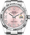 Datejust 36mm in Steel and White Gold Fluted Bezel on Bracelet with Pink Roman Dial - Diamonds on 6 & 9