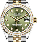 Mid Size 31mm Datejust in Steel with Yellow Gold Diamond Bezel on Jubilee Bracelet with Green Diamond Dial