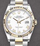 Datejust 36mm in Steel with Yellow Gold Fluted Bezel on Oyster Bracelet with White Roman Dial