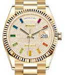 President Day-Date 36mm in Yellow Gold with Fluted Bezel on President Bracelet with Pave Diamond Dial - Ruby Markers