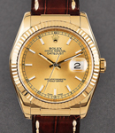 Datejust 36mm in Yellow Gold with Fluted Bezel on Brown Alligator Leather Strap with Champagne Index Dial