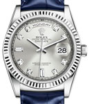 President Day-Date in White Gold with Fluted Bezel on Blue Crocodile Leather Strap with Silver Diamond Dial