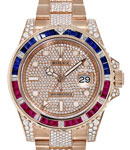GMT Master II in Rose Gold with Pepsi Saphire Bezel - Diamonds on lugs on Oyster Bracelet with Pave Diamond Dial