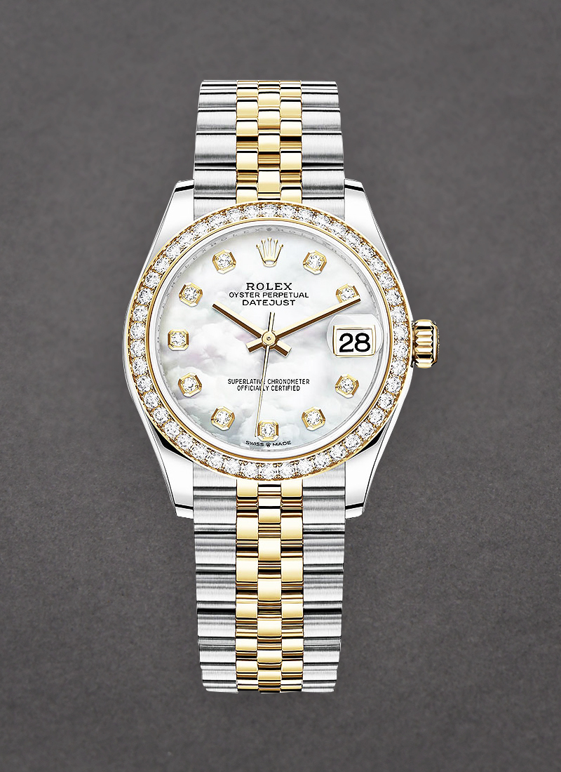 Rolex Unworn Mid Size 31mm Datejust in Steel with Yellow Gold Diamond Bezel