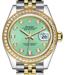 Ladies 28mm Datejust in Steel with Yellow Gold Diamond Bezel on Jubilee Bracelet with Mint Green Diamond Dial