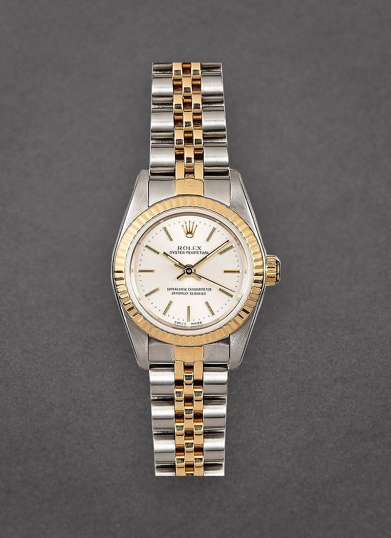 Pre-Owned Rolex Oyster Perpetual No Date Lady's in Steel with Yellow Gold Fluted Bezel