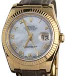 Datejust 36mm in Yellow Gold with Fluted Bezel on Brown Crocodile Leather Strap with MOP Roman Dial