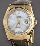 Datejust 36mm in Yellow Gold with Fluted Bezel on Brown Crocodile Leather Strap with MOP Roman Dial