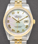 Datejust 36mm in Steel with Yellow Gold Fluted Bezel on Jubilee Bracelet with MOP Roman Dial