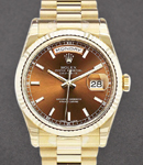 President Day-Date 36mm in Yellow Gold with Fluted Bezel on President Bracelet with Cognac Stick Dial