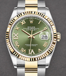 Datejust 36mm in Steel with Yellow Gold Fluted Bezel on Oyster Bracelet with Green Roman Dial with Diamond VI & IX