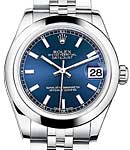 Mid Size 31mm Datejust in Steel with Smooth Bezel on Jubilee Bracelet with Blue Stick Dial
