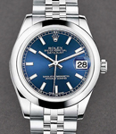 Mid Size 31mm Datejust in Steel with Smooth Bezel on Jubilee Bracelet with Blue Stick Dial