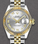 Datejust Ladies 28mm in Steel with Yellow Gold Fluted Bezel on Jubilee Bracelet with Silver Roman Dial