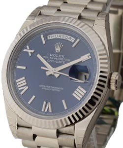 President Day Date 40mm in White Gold with Fluted Bezel on President Bracelet with Blue Roman Dial
