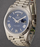 President Day Date 40mm in White Gold with Fluted Bezel on President Bracelet with Blue Roman Dial