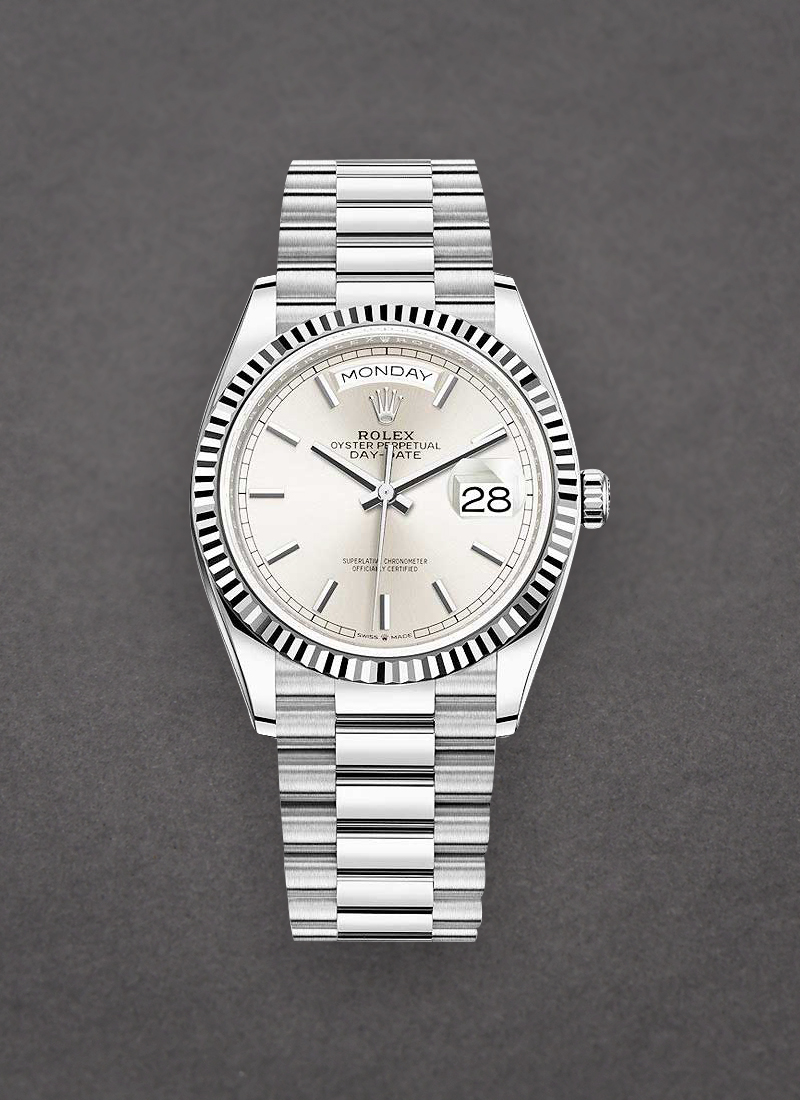 Rolex Unworn President Day-Date 36mm in White Gold with Fluted Bezel