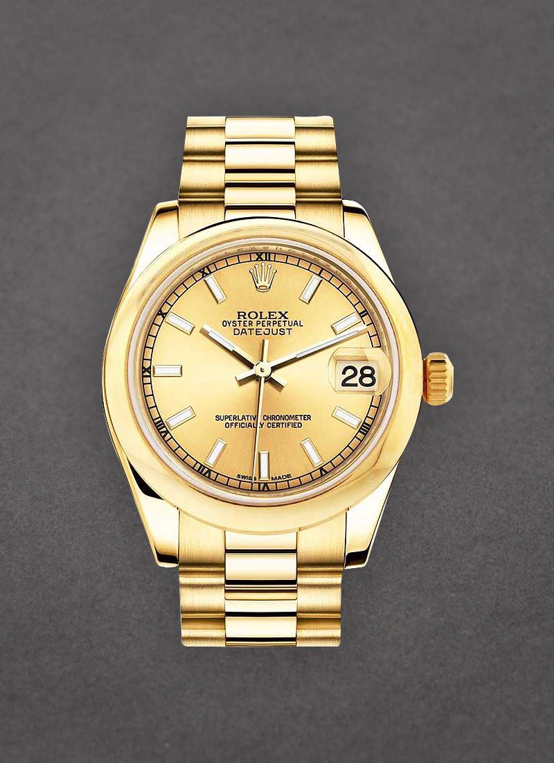 Rolex Unworn Datejust 31mm Mid Size in Yellow Gold with Domed Bezel