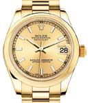 Datejust 31mm Mid Size in Yellow Gold with Domed Bezel on Oyster Bracelet with Champagne Stick Dial