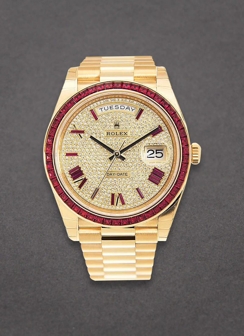 Pre-Owned Rolex Day Date President 40mm in Yellow Gold with Red Sapphire Bezel