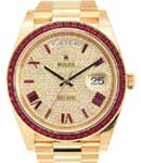 Day Date President 40mm in Yellow Gold with Red Sapphire Bezel on Bracelet with Pave Diamond Dial - Red Sapphire Roman Markers