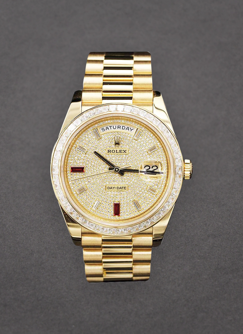 Pre-Owned Rolex Day Date President 40mm in Yellow Gold with Baguette Diamond Bezel