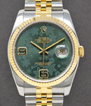 Datejust 36mm in Steel with Yellow Gold Fluted Bezel on Jubilee Bracelet with Green Floral Arabic Dial