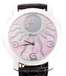 Happy Sun Ray in White Gold on Black Crocodile Leather Strap with Pink MOP Dial - 3 Floating Diamond
