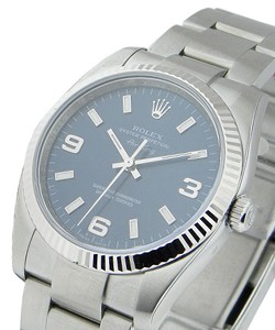 Air-King 34mm in Steel with White Gold Fluted Bezel on Oyster Bracelet with Blue Arabic Dial