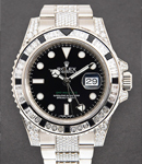 GMT Master II 40mm in White Gold with Baguette Diamond Bezel on Diamond Oyter Bracelet with Black Dial