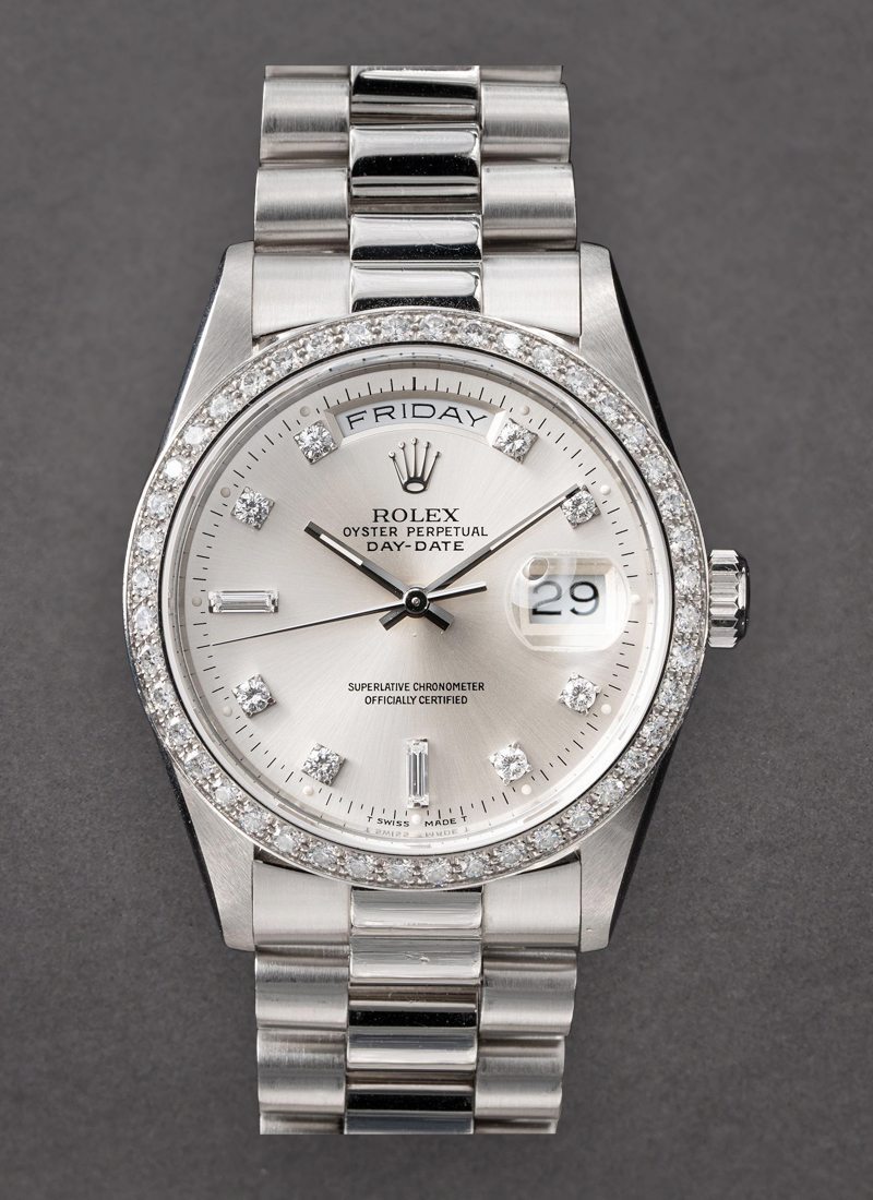 Pre-Owned Rolex DayDate President 36mm in White Gold with Diamond Bezel