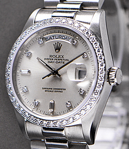 DayDate President 36mm in White Gold with Diamond Bezel On President Bracelet with Silver Diamond Dial