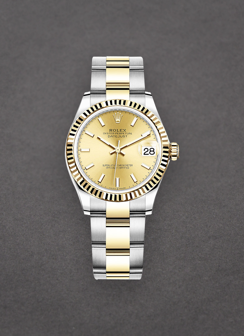 Rolex Unworn Midsize Datejust 31mm in Steel with Yellow Gold Fluted Bezel