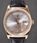 Day Date 36mm President in Rose Gold with Fluted Bezel on Strap with Silver Stick Dial